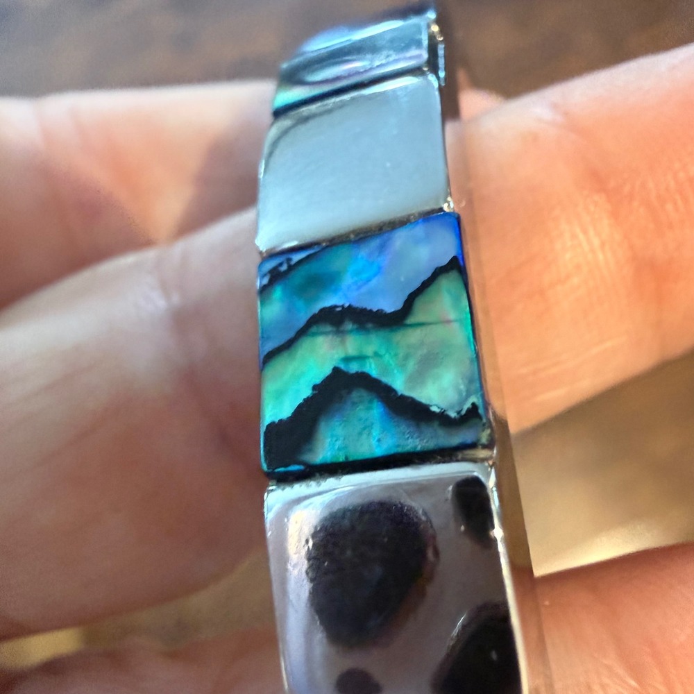 Silver Tone Abalone Shell Inlay Cuff Bracelet Iridescent Square Mosaic Modernist